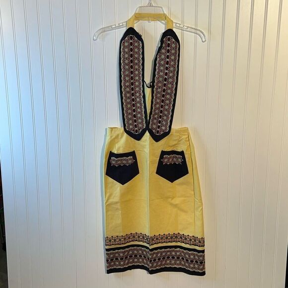 Vintage Hand Embroidery Cross Stitch Bib Apron Yellow  Black Holland Cottage Cor - Picture 1 of 6